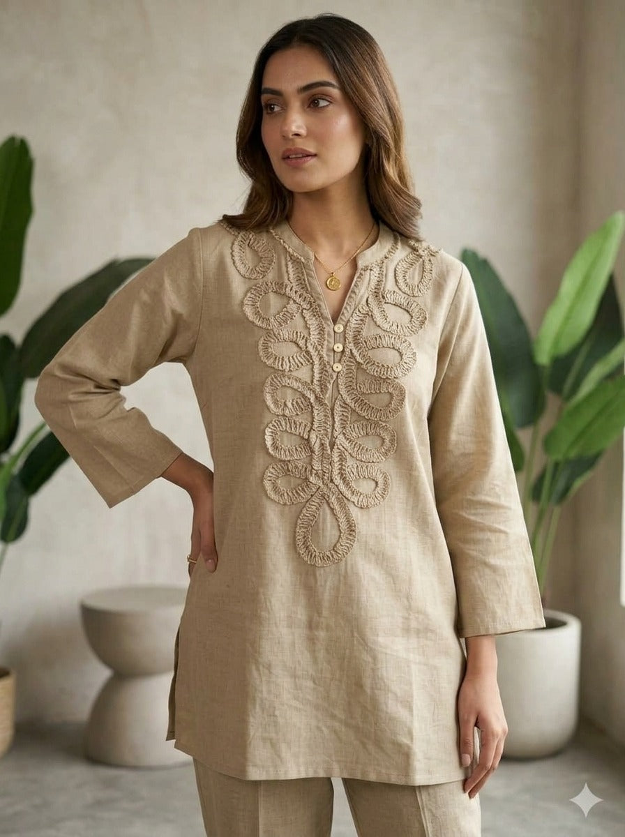 Beige Embellished Tunic Co-Ord Set