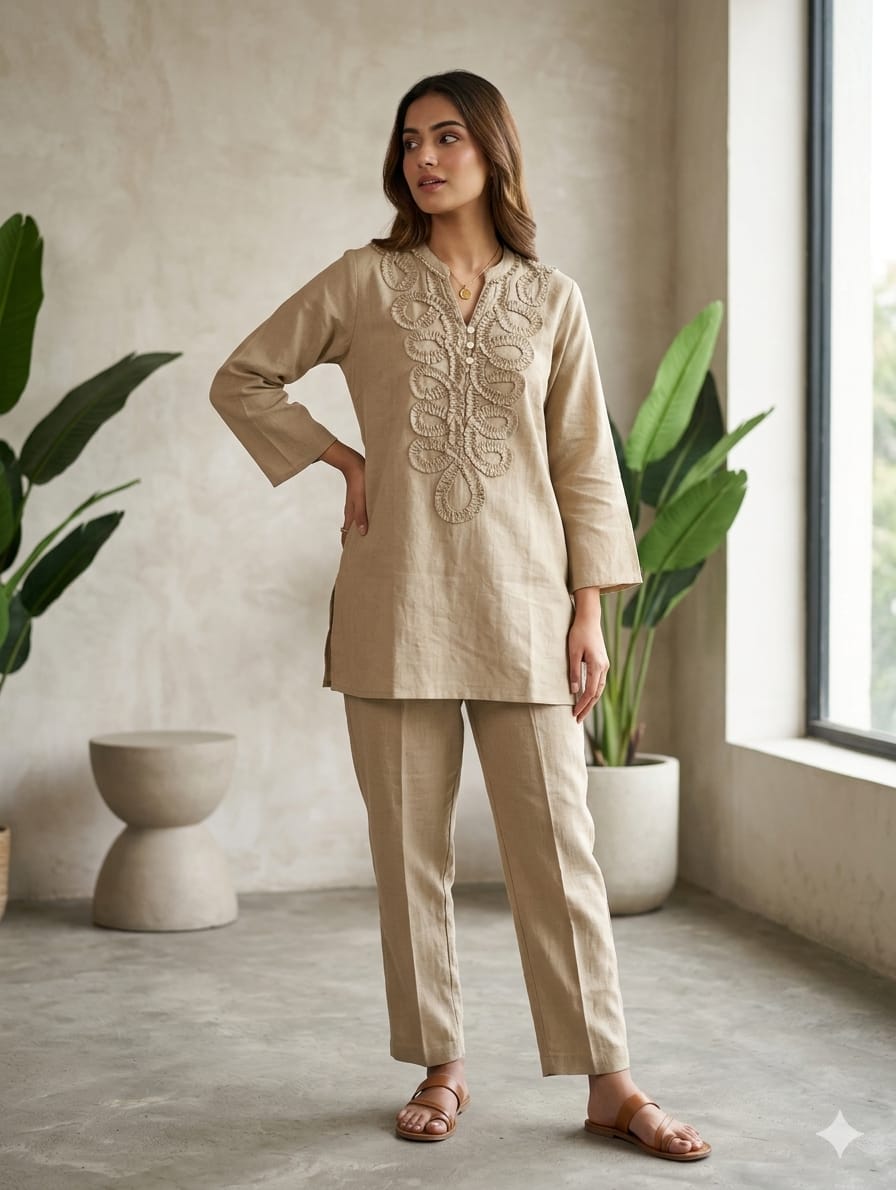 Beige Embellished Tunic Co-Ord Set