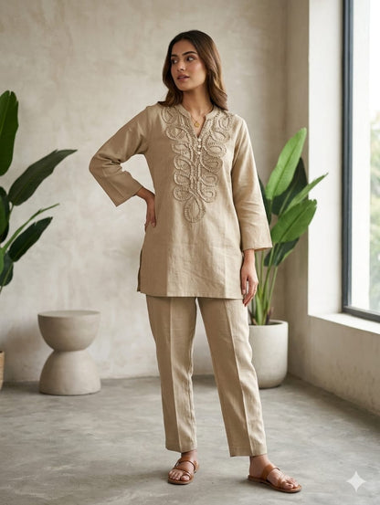 Beige Embellished Tunic Co-Ord Set