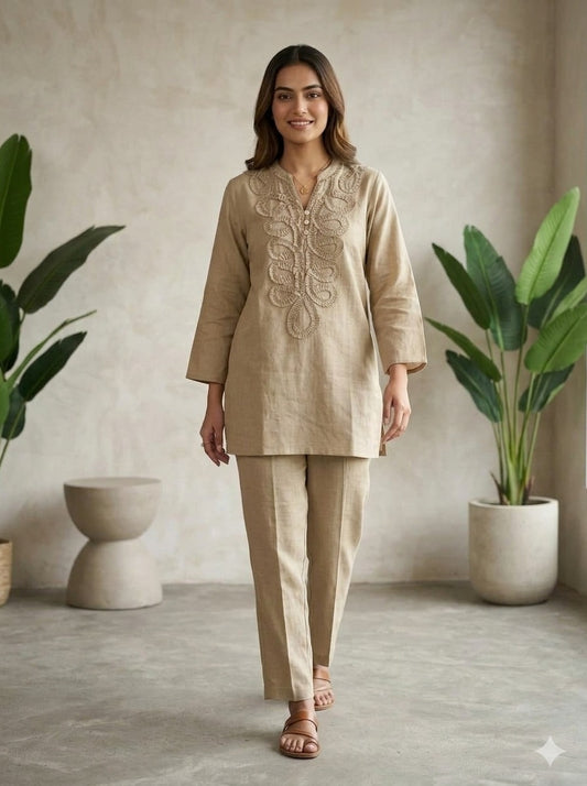 Beige Embellished Tunic Co-Ord Set