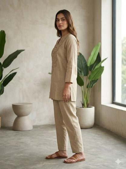 Beige Embellished Tunic Co-Ord Set