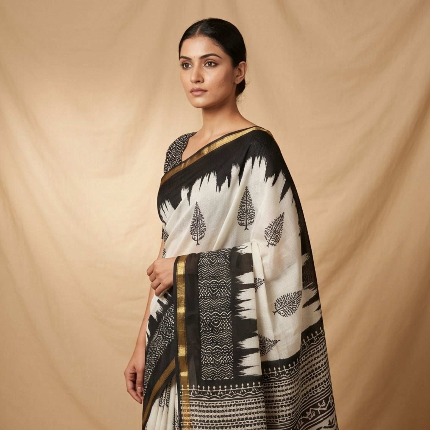 Chanderi Printed Saree – Midnight Black Tree Print