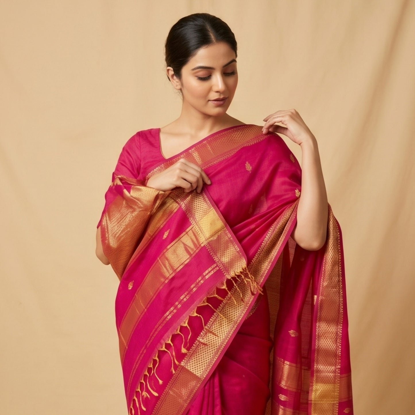 Maheshwari Handloom Silk-Cotton Saree – Vibrant Pink