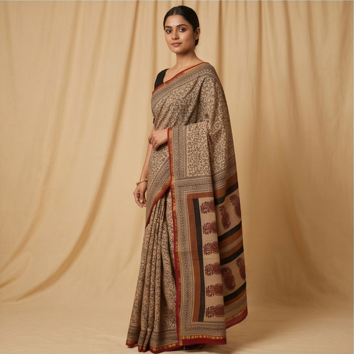 Chanderi Printed Saree – Crimson & Earthy Brown