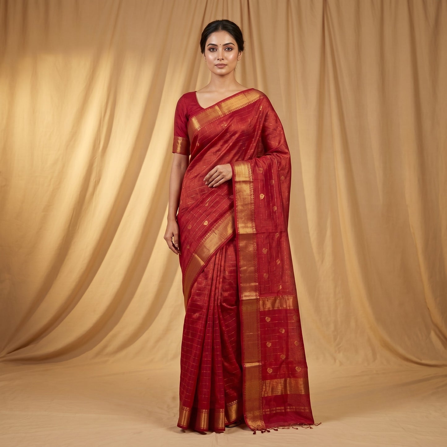 Handwoven Maheshwari Saree with Rich Zari Border-Crimson Red