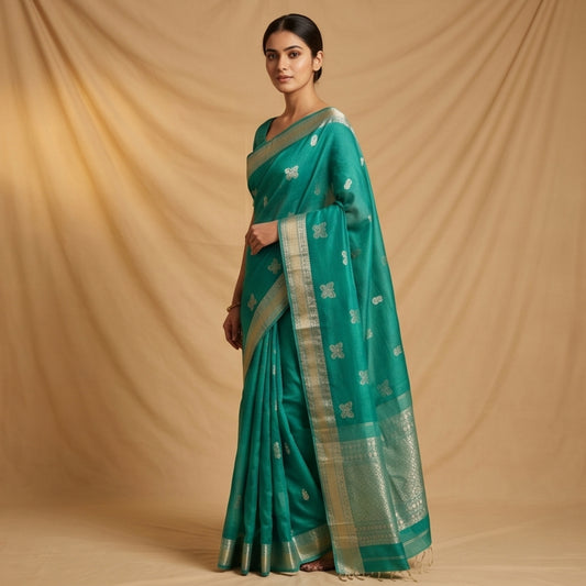 Maheshwari Handloom Silk-Cotton Saree – Emerald Green