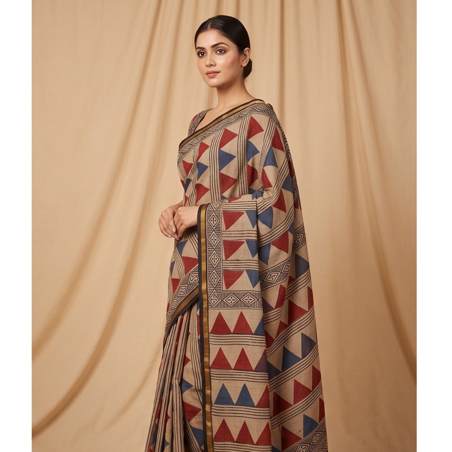 Chanderi Printed Saree – Crimson & Blue