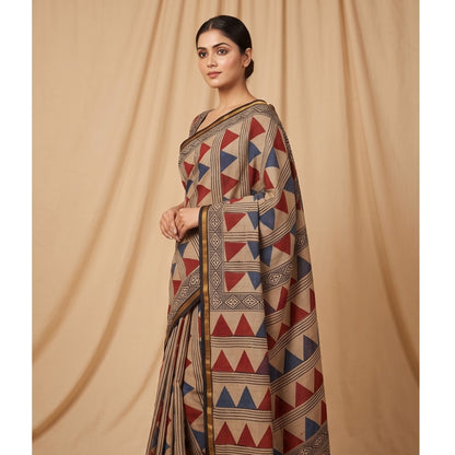 Chanderi Printed Saree – Crimson & Blue