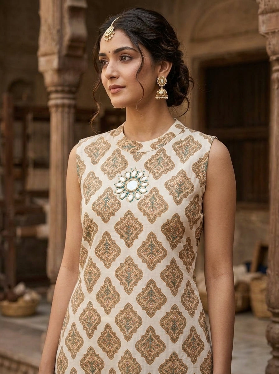 Naarangi Crafts Off White Ethnic Motif Cotton Co-Ord Set