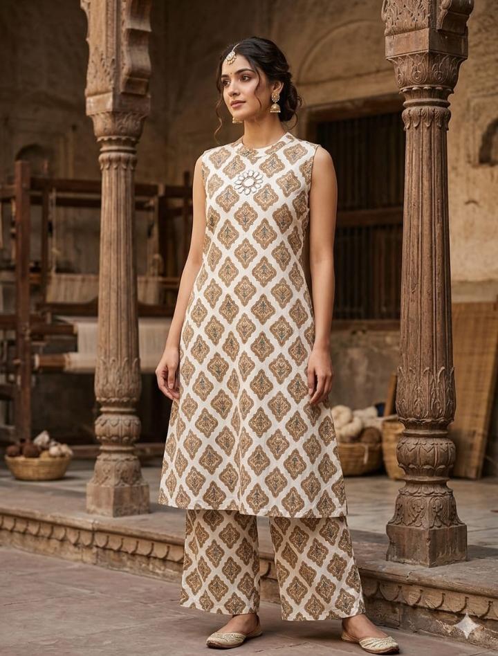 Naarangi Crafts Off White Ethnic Motif Cotton Co-Ord Set
