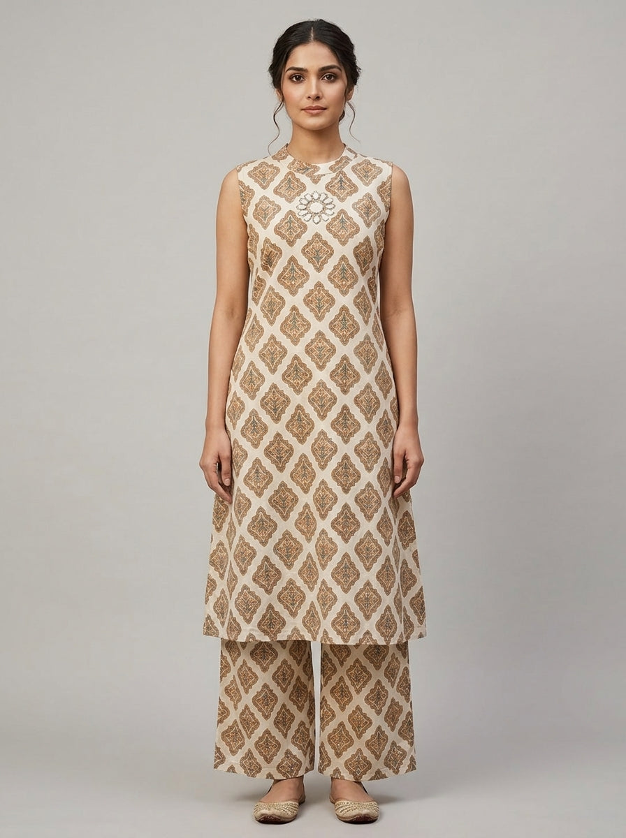 Naarangi Crafts Off White Ethnic Motif Cotton Co-Ord Set