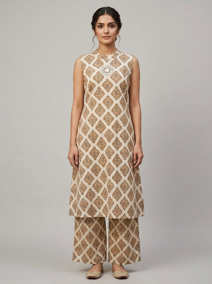 Naarangi Crafts Off White Ethnic Motif Cotton Co-Ord Set