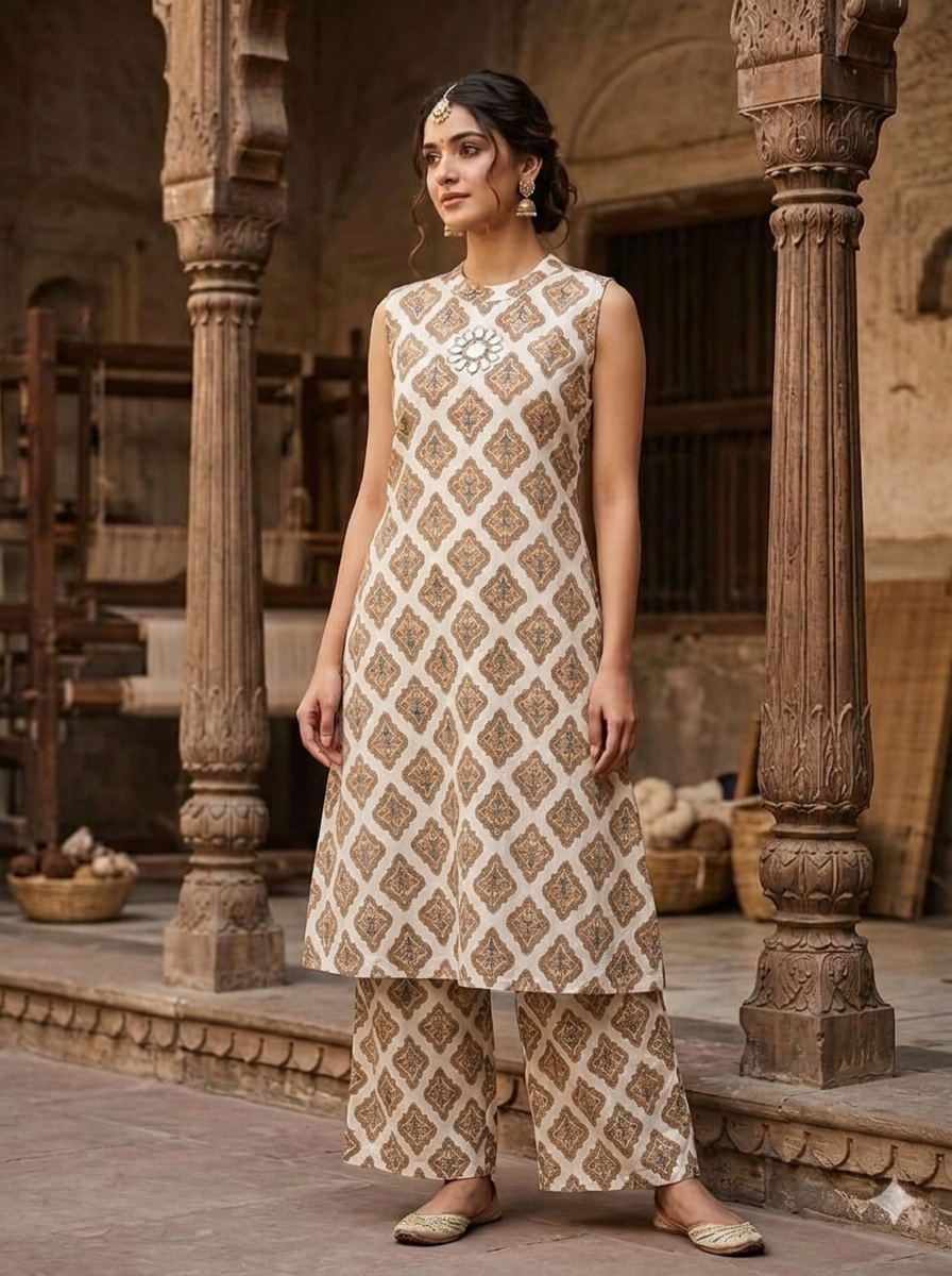 Naarangi Crafts Off White Ethnic Motif Cotton Co-Ord Set