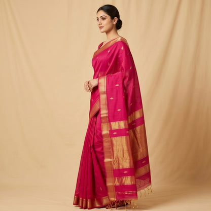 Maheshwari Handloom Silk-Cotton Saree – Vibrant Pink