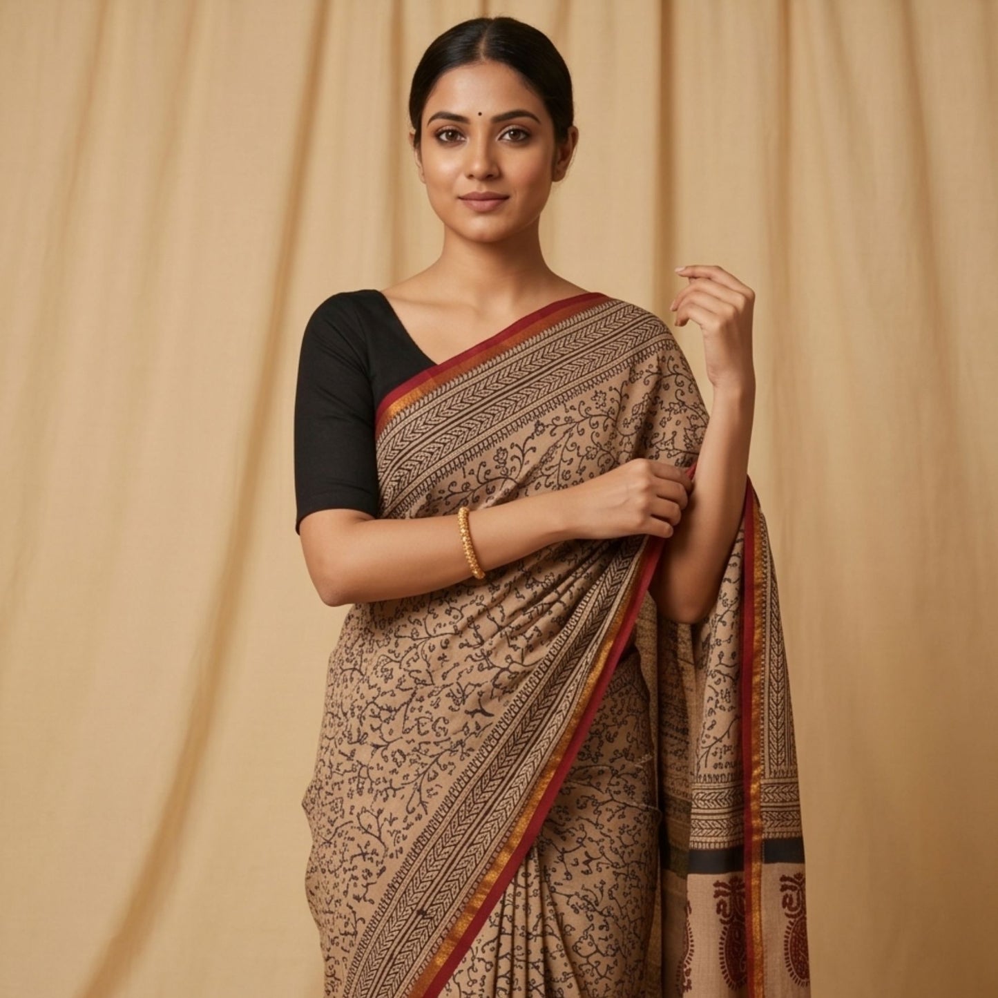 Chanderi Printed Saree – Crimson & Earthy Brown