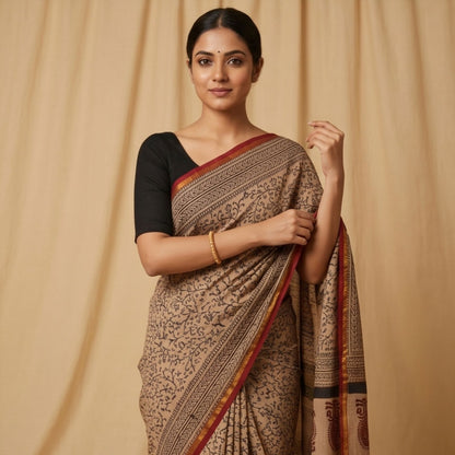 Chanderi Printed Saree – Crimson & Earthy Brown