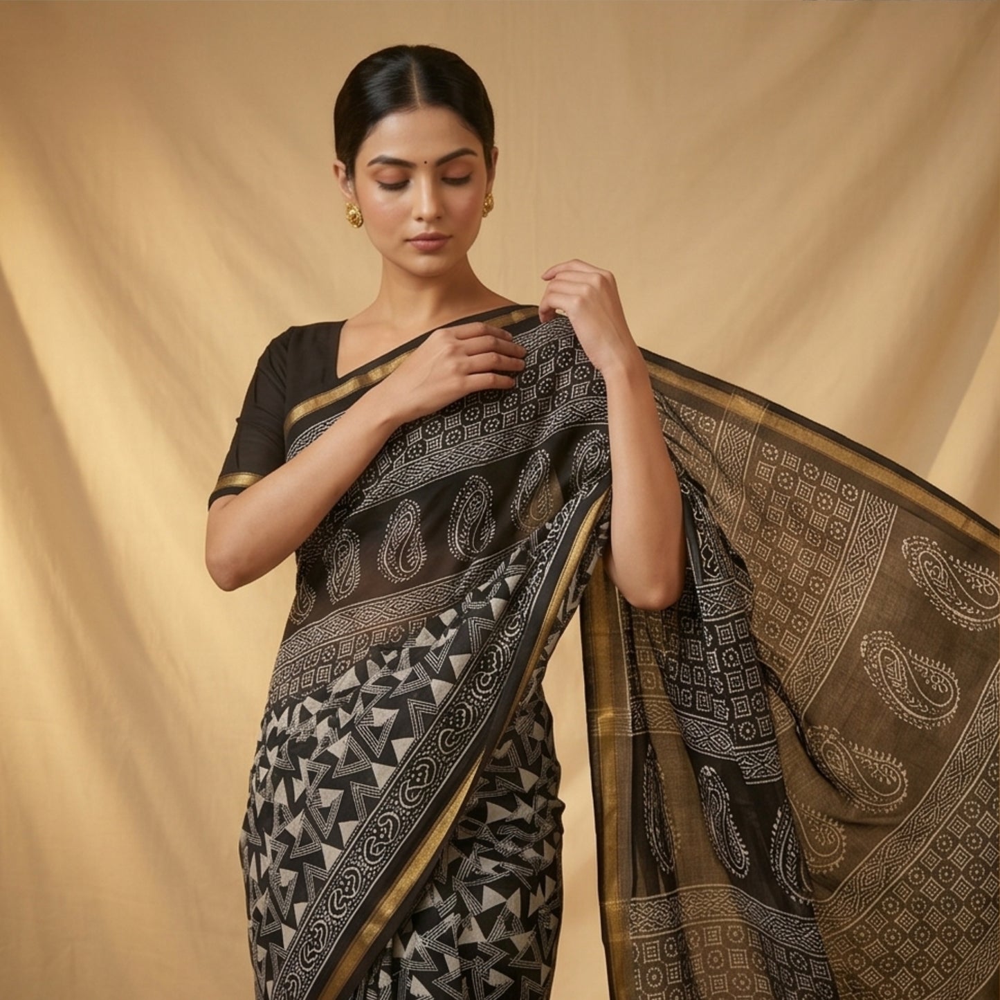 Chanderi Printed Saree – Midnight Black Triangle Print