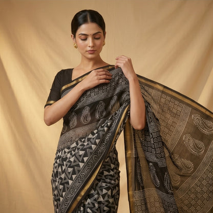 Chanderi Printed Saree – Midnight Black Triangle Print