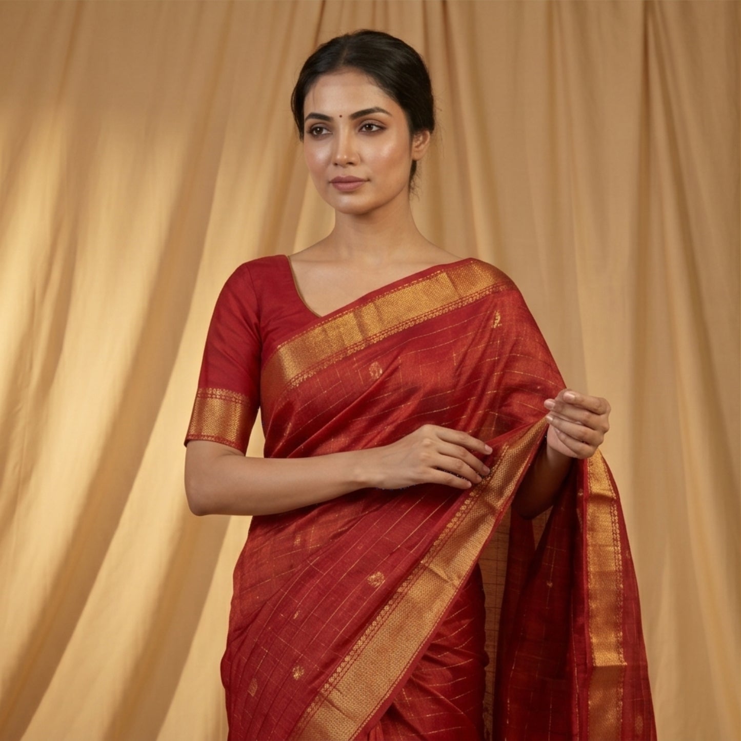 Handwoven Maheshwari Saree with Rich Zari Border-Crimson Red