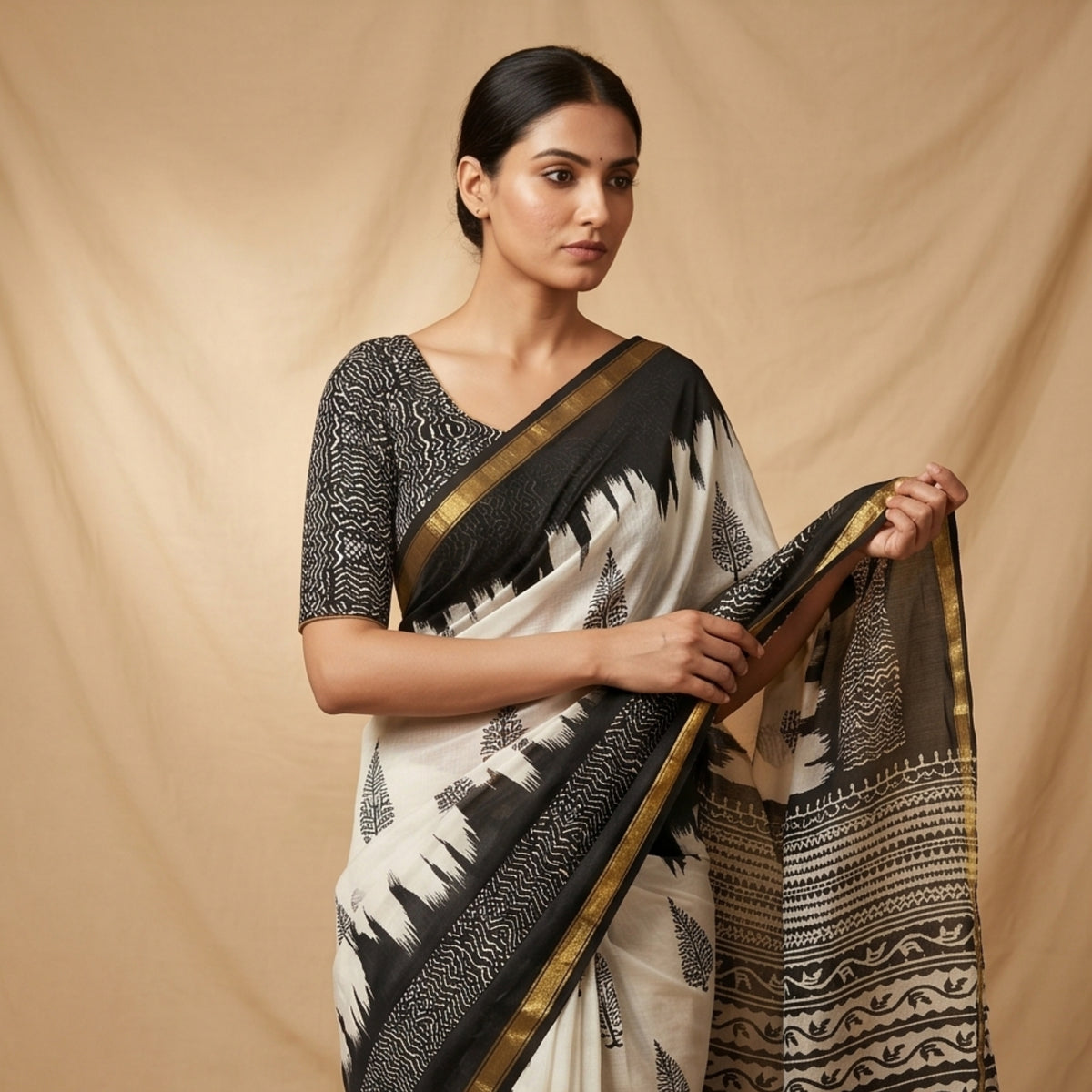 Chanderi Printed Saree – Midnight Black Tree Print