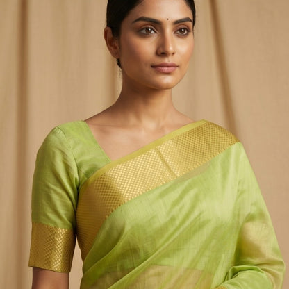 Maheshwari Handloom Silk-Cotton Saree – Forest Green