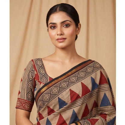 Chanderi Printed Saree – Crimson & Blue