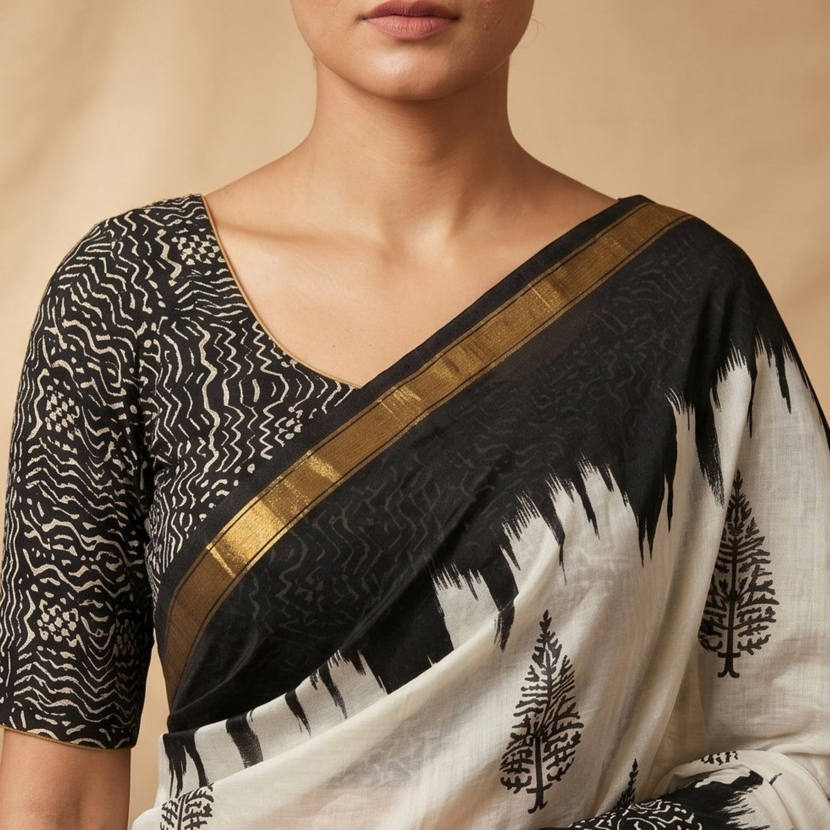 Chanderi Printed Saree – Midnight Black Tree Print