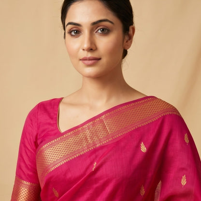 Maheshwari Handloom Silk-Cotton Saree – Vibrant Pink