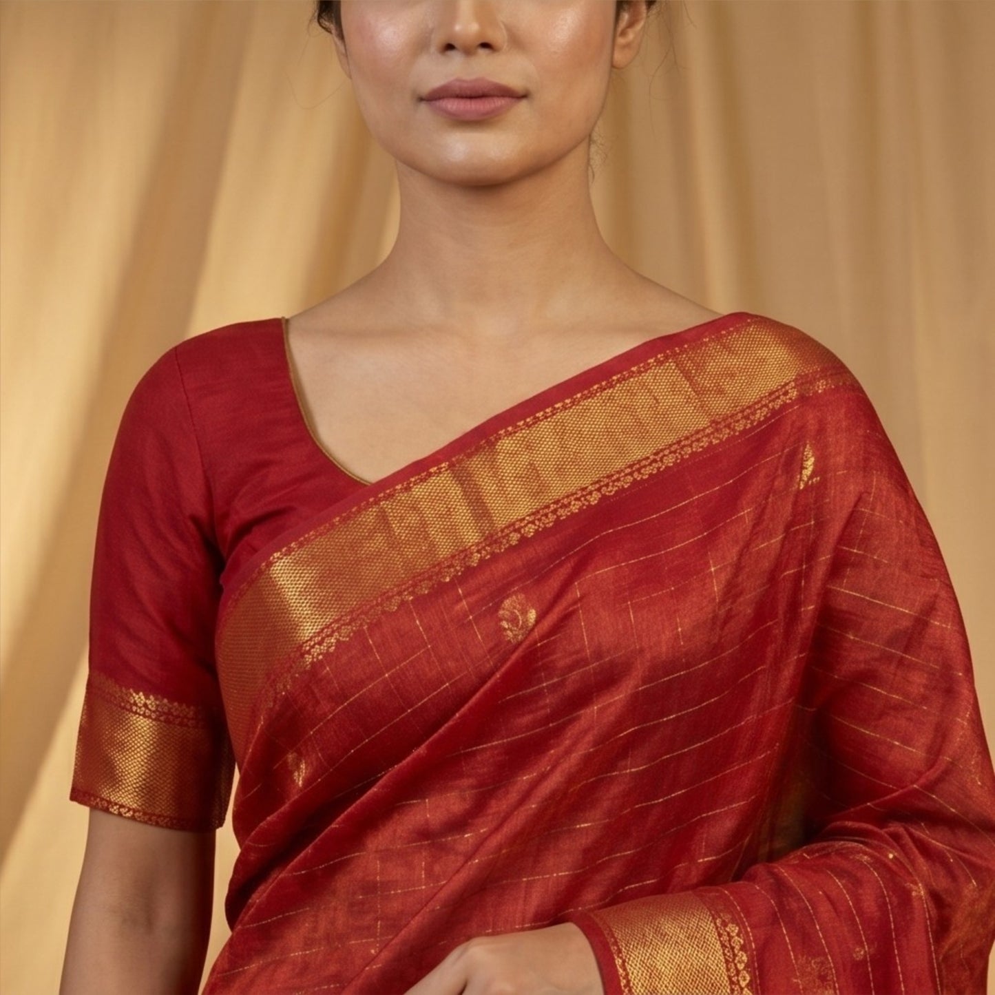 Handwoven Maheshwari Saree with Rich Zari Border-Crimson Red