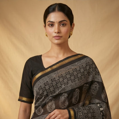 Chanderi Printed Saree – Midnight Black Triangle Print