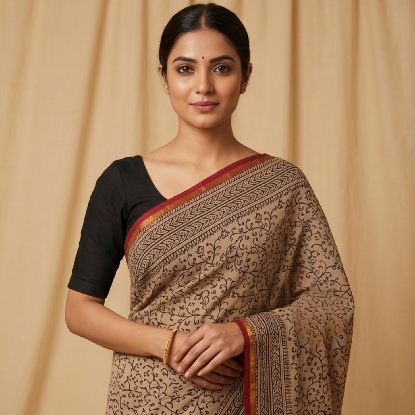 Chanderi Printed Saree – Crimson & Earthy Brown