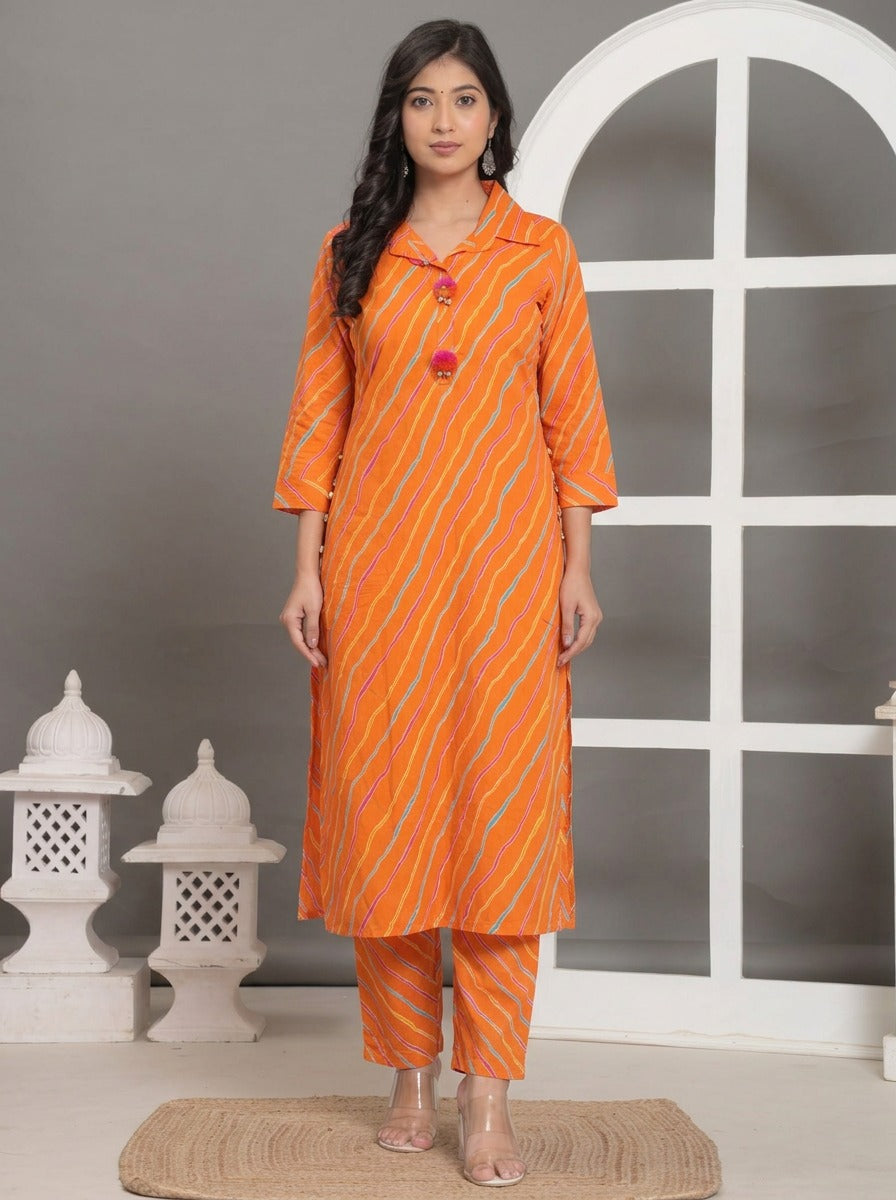 Orange Wavy Stripe Collared Co-Ord Set