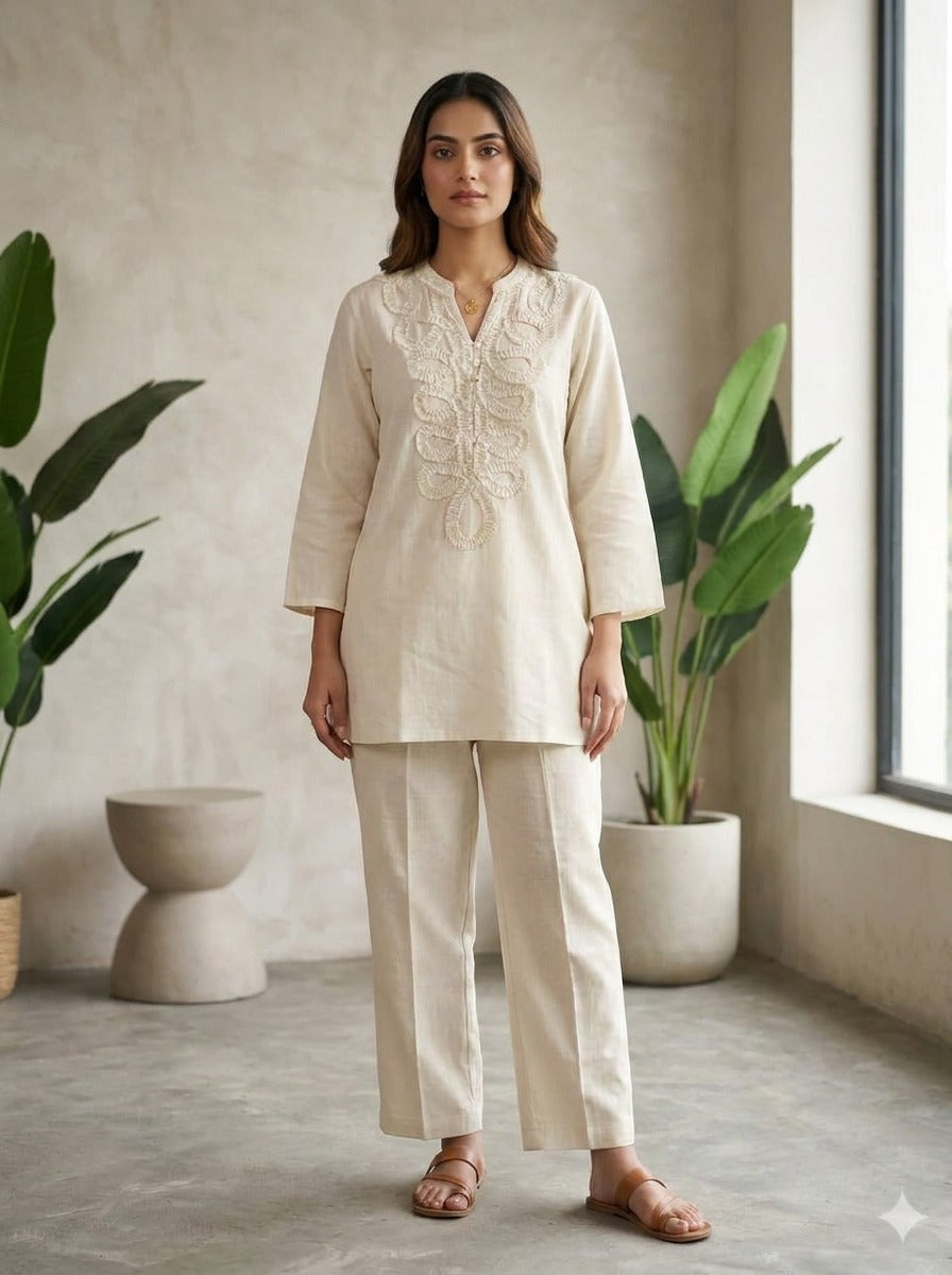 Off White Embellished Cotton Co-Ord Set