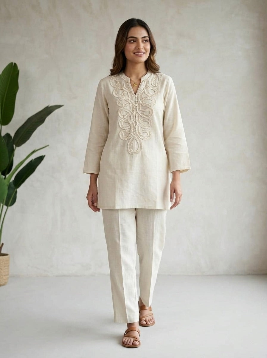 Off White Embellished Cotton Co-Ord Set