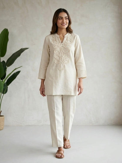 Off White Embellished Cotton Co-Ord Set