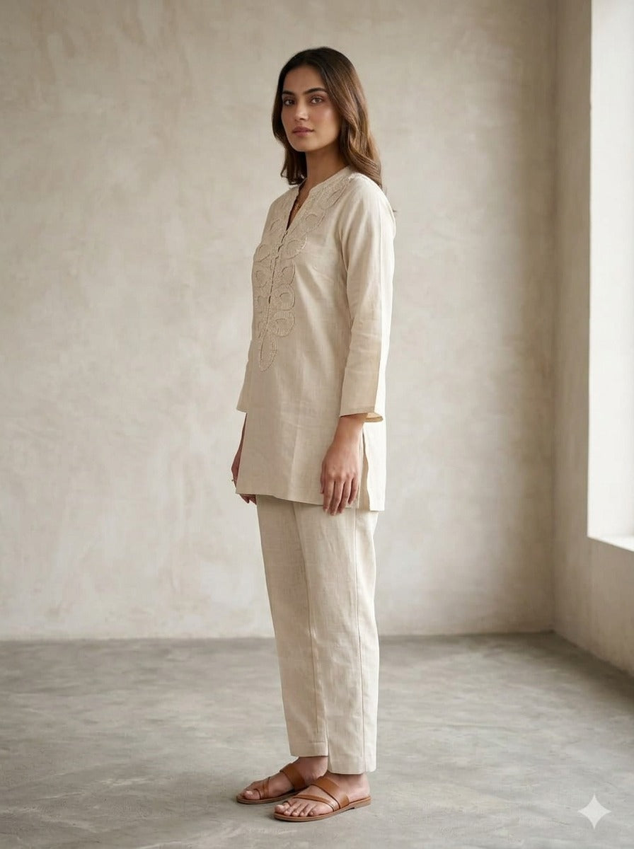 Off White Embellished Cotton Co-Ord Set