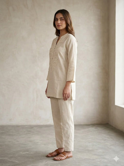 Off White Embellished Cotton Co-Ord Set